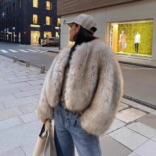 Damen luxuriöse Plüschjacke mit V-Ausschnitt EB