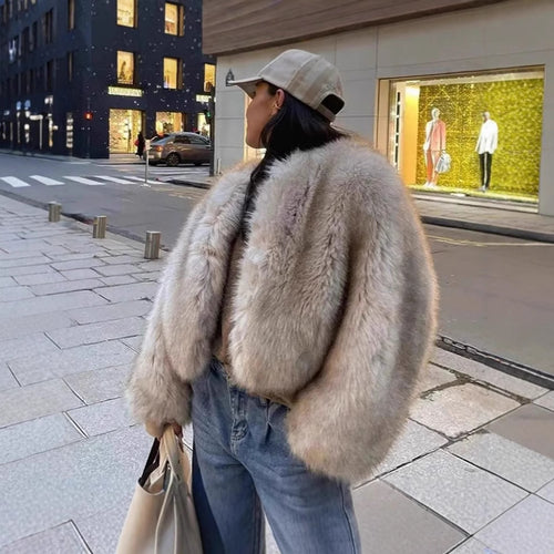 Damen luxuriöse Plüschjacke mit V-Ausschnitt EB