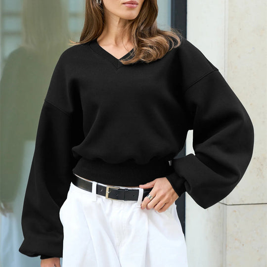 Damen Cropped V-Ausschnitt Pullover mit Ballonärmeln und Rippbund EB