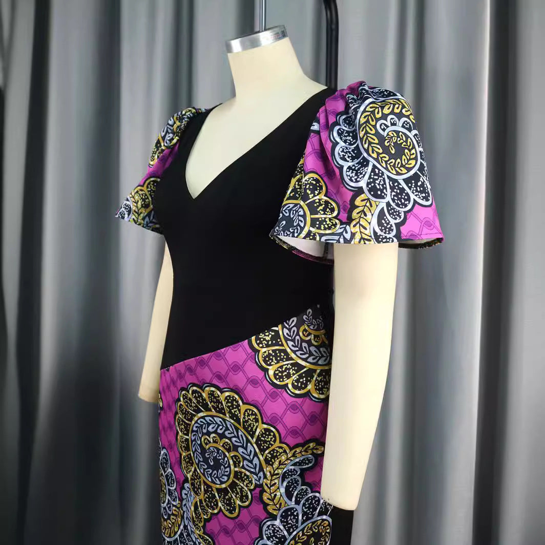 Damen figurbetontes Kleid mit bunten Puffärmeln und asymmetrischem Design EB