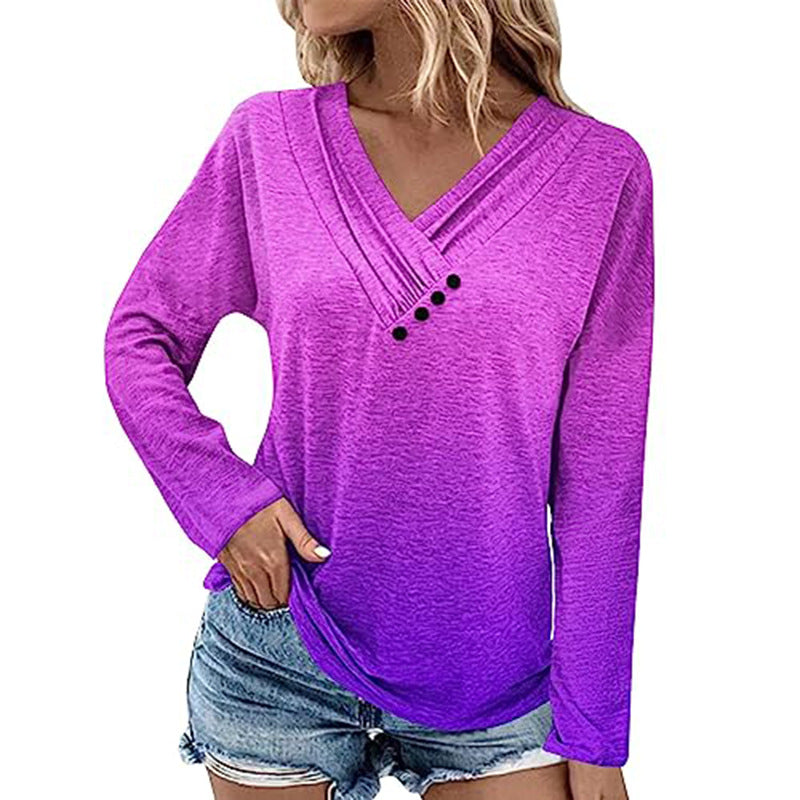 Damen Gerippter V-Ausschnitt Pullover mit Farbverlauf, Zierknöpfen und legerer Passform EB