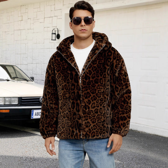 Herren Flauschige Kunstpelzjacke mit modischem Leopardenmuster EB