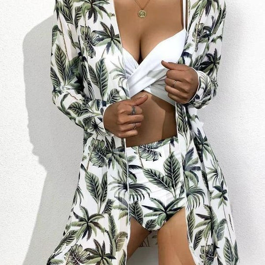 Damen Bikiniset mit floralem Kimono und hoch geschnittenem Oberteil EB