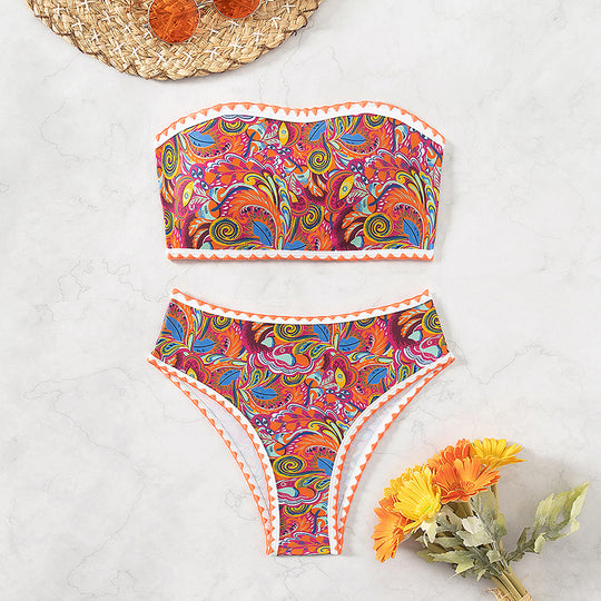 Damen Bandeau-Bikini mit buntem Psychedelic-Design und eleganten Rüschen EB