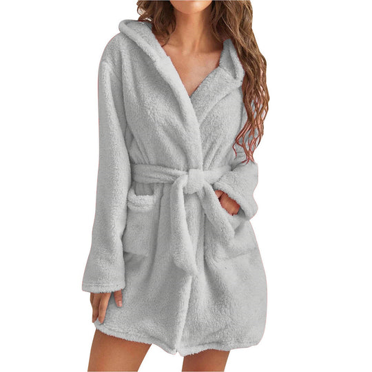Damen Fleece Bademantel mit Kapuze und Gürtel EB