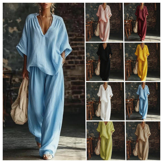 Damen nan lässiges zweiteiliges Leinenoptik-Set mit tiefem V-Ausschnitt, Oversize-Bluse und weitem Palazzo-Hosen EB