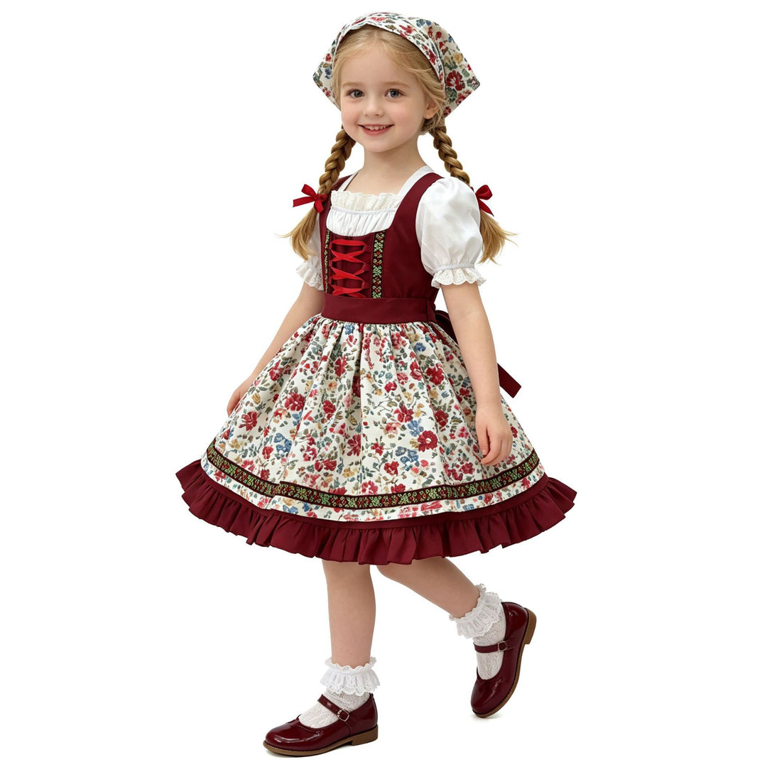 Damen nan traditionelles Kinderdirndl mit Schürze Haarband Spitzenbluse und Zierschnürung EB