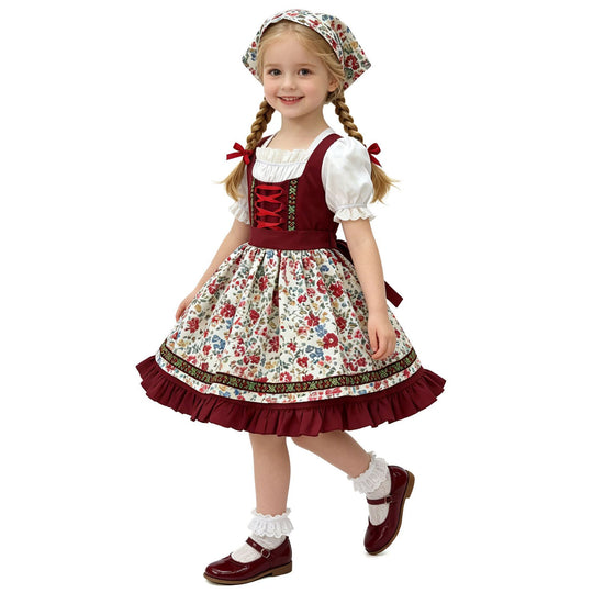 Damen nan traditionelles Kinderdirndl mit Schürze Haarband Spitzenbluse und Zierschnürung EB