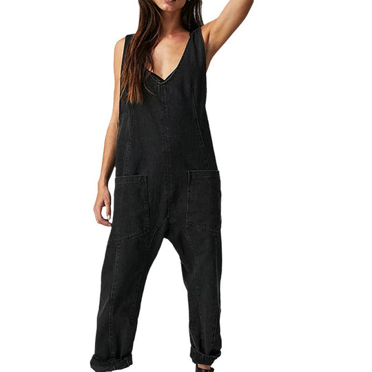 Damen lässiger Jumpsuit mit tiefem Ausschnitt und praktischen Taschen EB