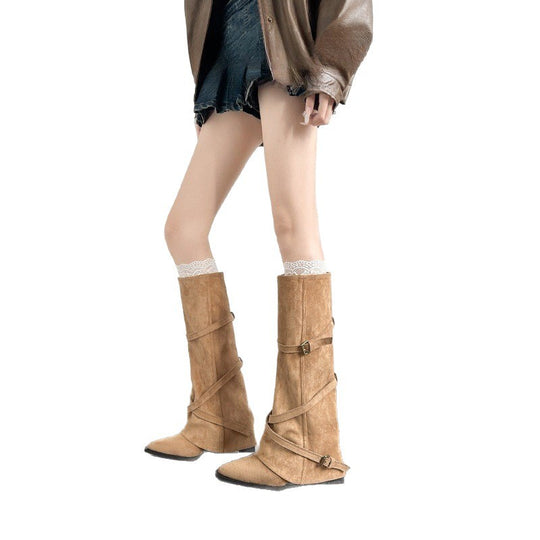 Damen modische hohe Stiefel mit doppeltem Schnallenverschluss und raffiniertem Design EB