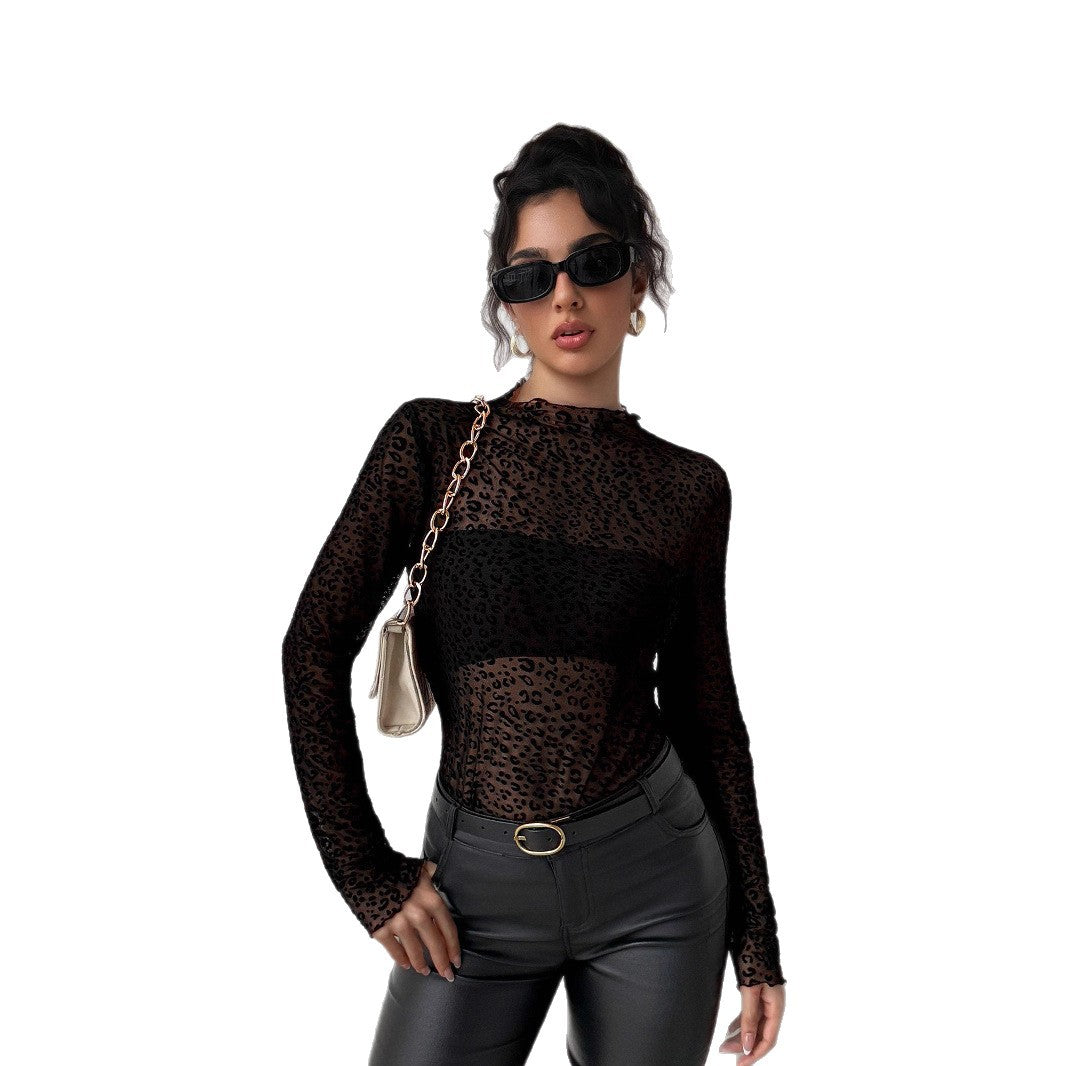 Damen Transparente Langarmbluse mit Leopardenmuster EB