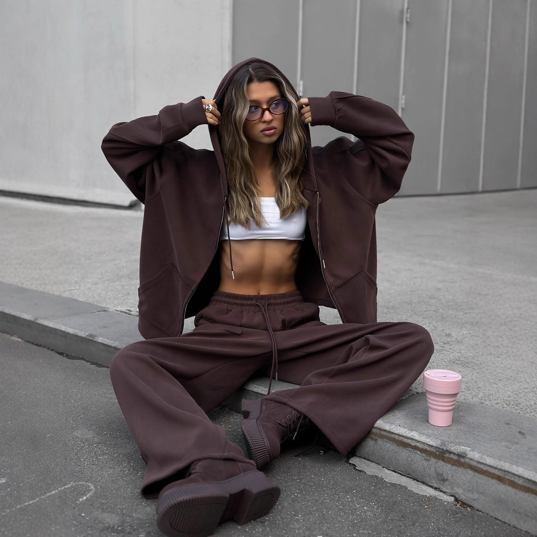 Damen nan oversized Kapuzenjacke mit Reißverschluss und Kängurutasche EB