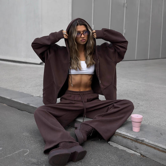 Damen nan oversized Kapuzenjacke mit Reißverschluss und Kängurutasche EB