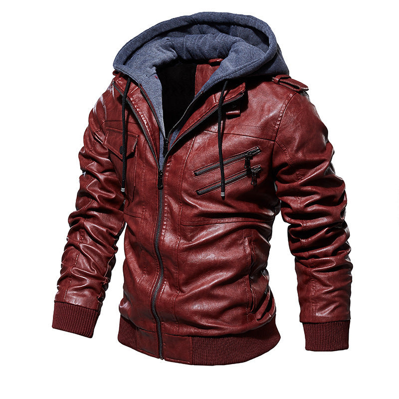 Herren lässige Kunstlederjacke mit abnehmbarer Kapuze und zahlreichen Taschen EB