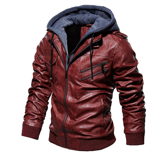 Herren lässige Kunstlederjacke mit abnehmbarer Kapuze und zahlreichen Taschen EB