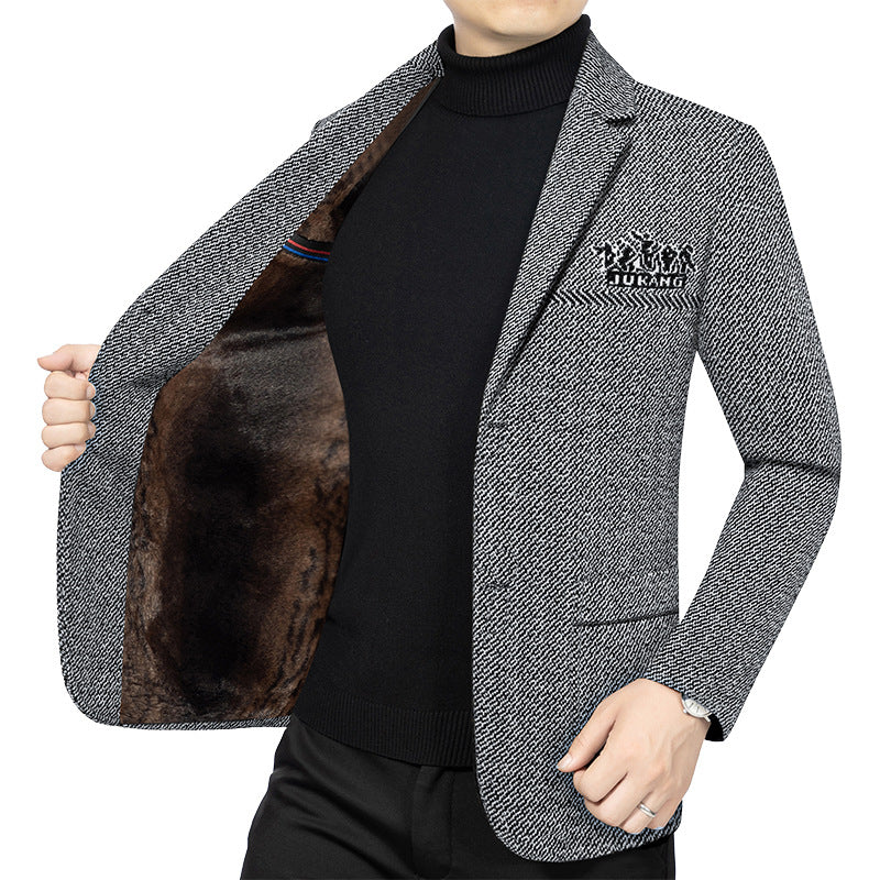 Herren Taillierter Strickblazer im Bouclé-Look mit aufgesetzten Taschen EB