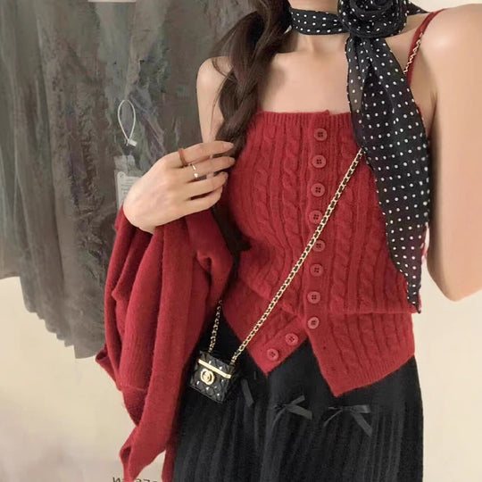 Damen Strick-Top mit Knöpfen und Cardigan EB