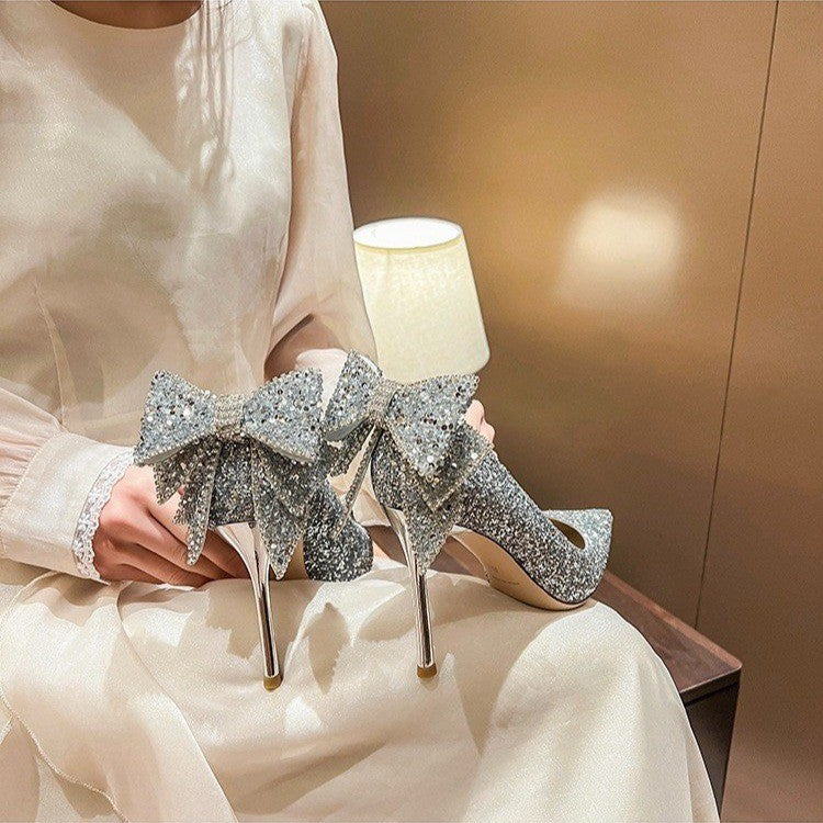 Damen elegante High Heels mit glitzerndem Schleifen-Detail EB