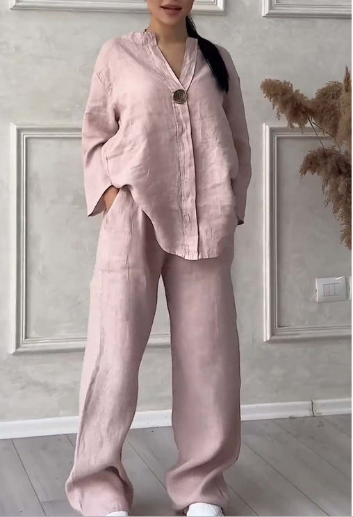 Damen nan lässiges Leinen-Relax-Set mit weiter Hose und Hemdbluse EB