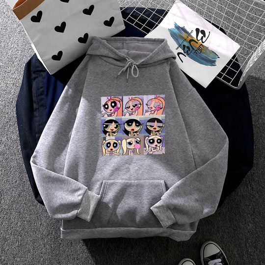 Damen nan lässiger Kapuzenpullover mit quadratischem Cartoon-Collageprint weiches Fleece Innenfutter und aufgesetzter Kängurutasche EB