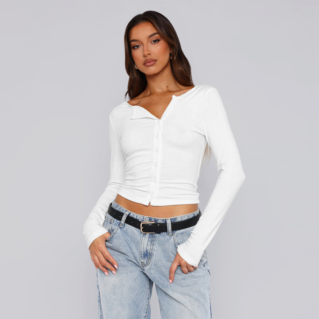 Damen figurbetontes Langarmshirt mit Knopfleiste EB