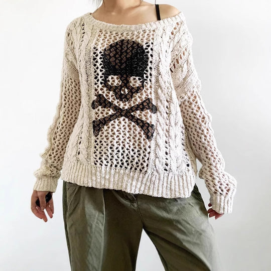 Damen Grob gestrickter Pullover mit Skelett-Motiv EB