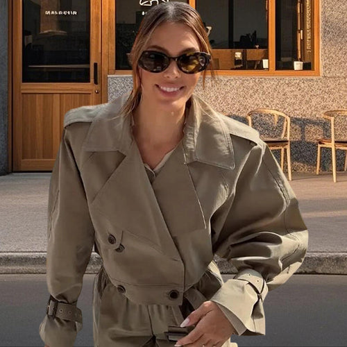 Damen Modische Trenchcoat-Jacke mit voluminösen Ärmeln und Gürtel EB