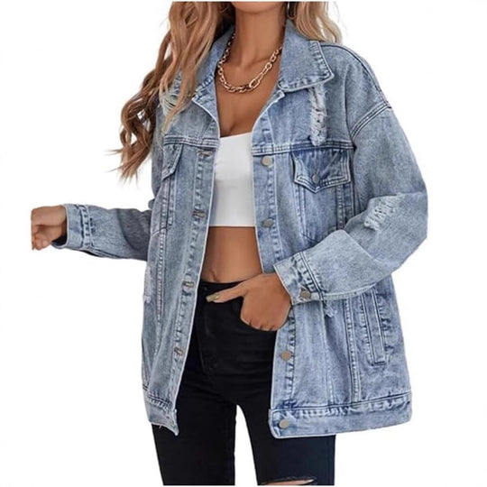 Damen lässige Oversized Jeansjacke mit distressed Details und hochwertigen Metallknöpfen EB