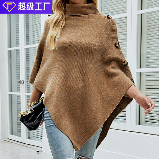Damen Oversized-Poncho mit hohem Kragen und dekorativen Knopfdetails EB