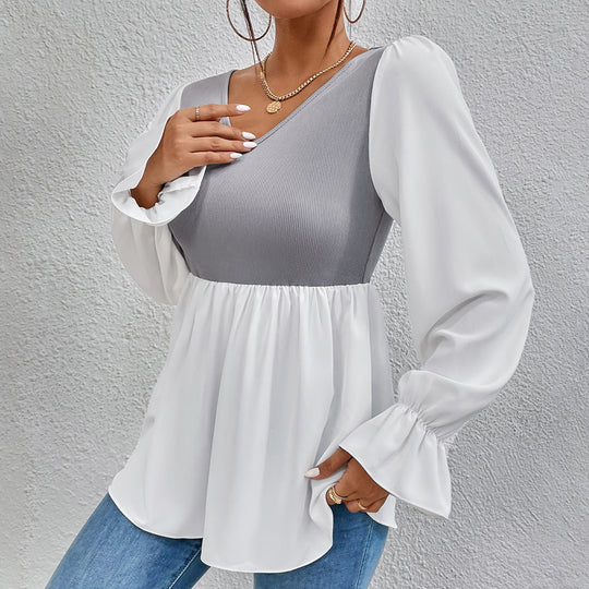 Damen elegantes Oberteil mit asymmetrischem V-Ausschnitt und Puffärmeln EB