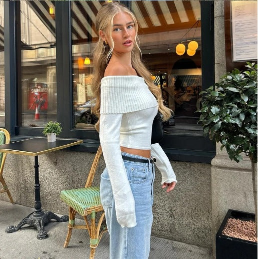 Damen Off-Shoulder Oberteil mit rippierter Struktur und figurbetonter Passform EB