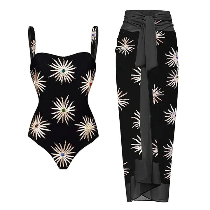 Damen Elegantes asymmetrisches Bikini-Set mit funkelndem Blumendesign EB