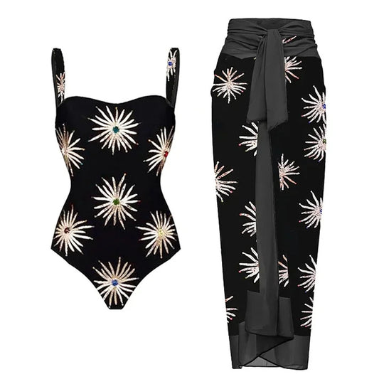 Damen Elegantes asymmetrisches Bikini-Set mit funkelndem Blumendesign EB