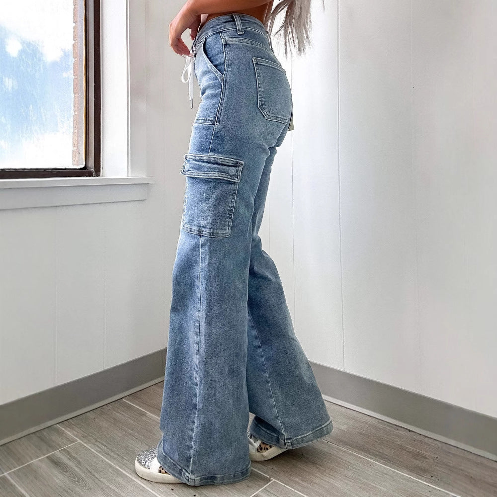Damen Cargo-Jeans mit weitem Bein und verstellbarem Bund EB