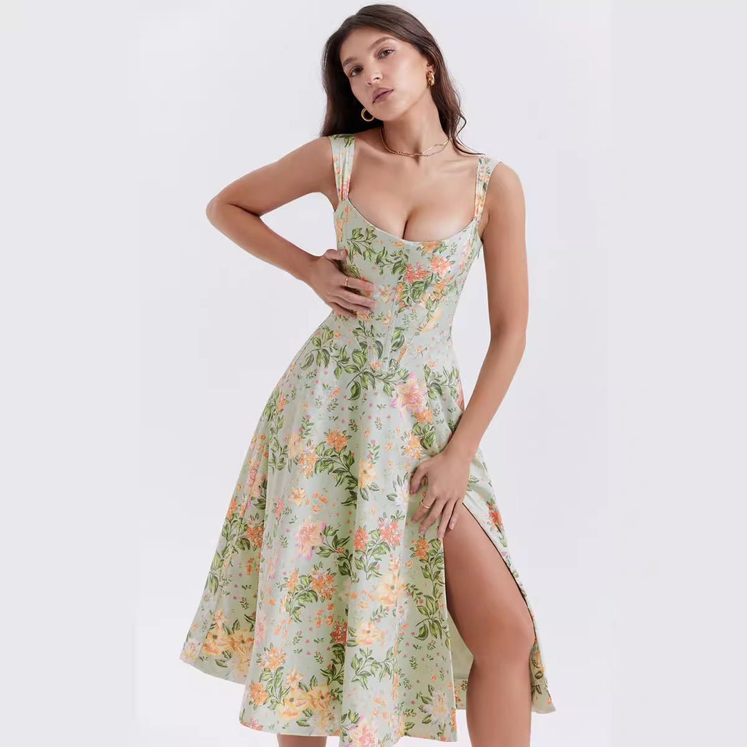 Damen Maxikleid mit floralem Schnitt und schwingendem Rock EB