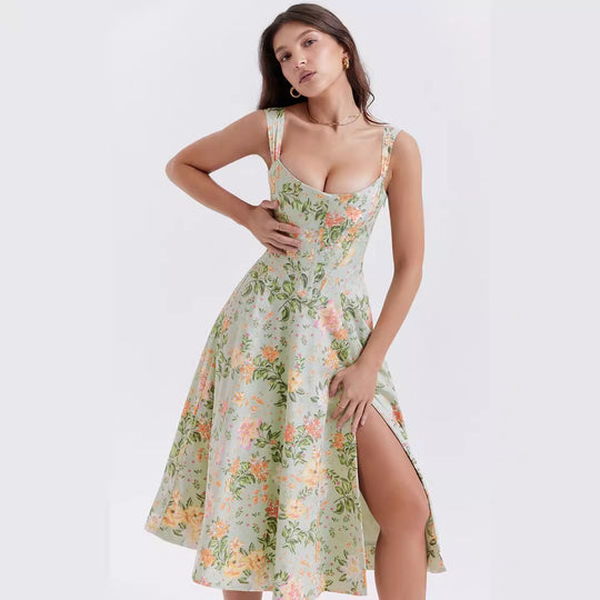 Damen Maxikleid mit floralem Schnitt und schwingendem Rock EB