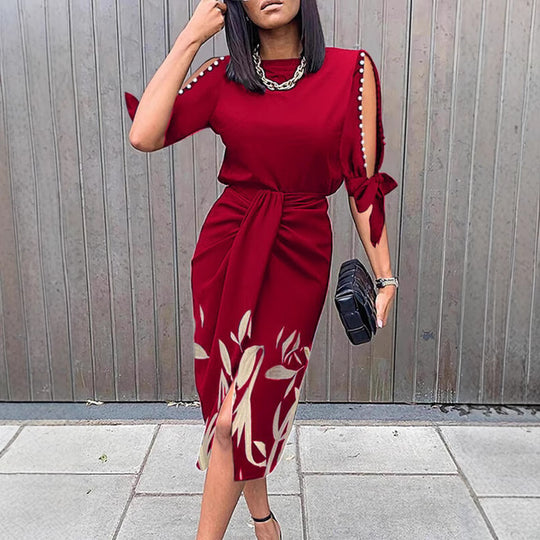Damen Wickelkleid mit dekorativen Ärmeln und floralem Saum EB