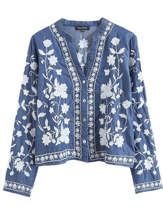 Damen gestickte Bluse mit feinen Rüschendetails EB