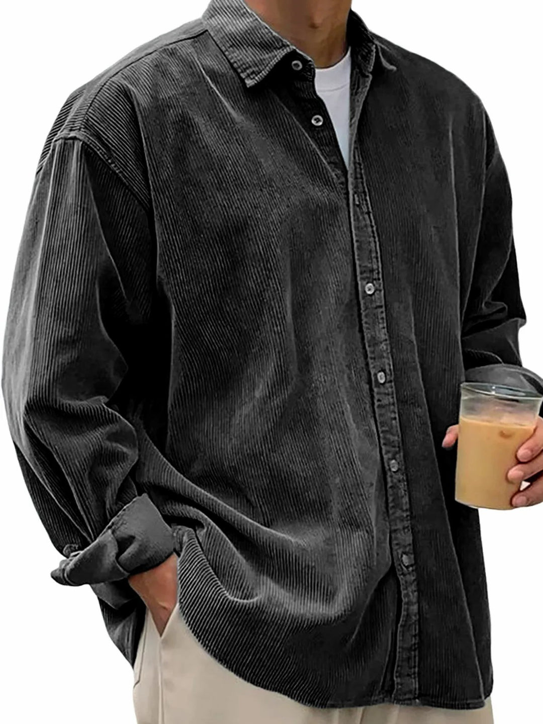 Herren nan langärmliges Oversize-Cordhemd mit Hemdkragen und durchgehender Knopfleiste EB