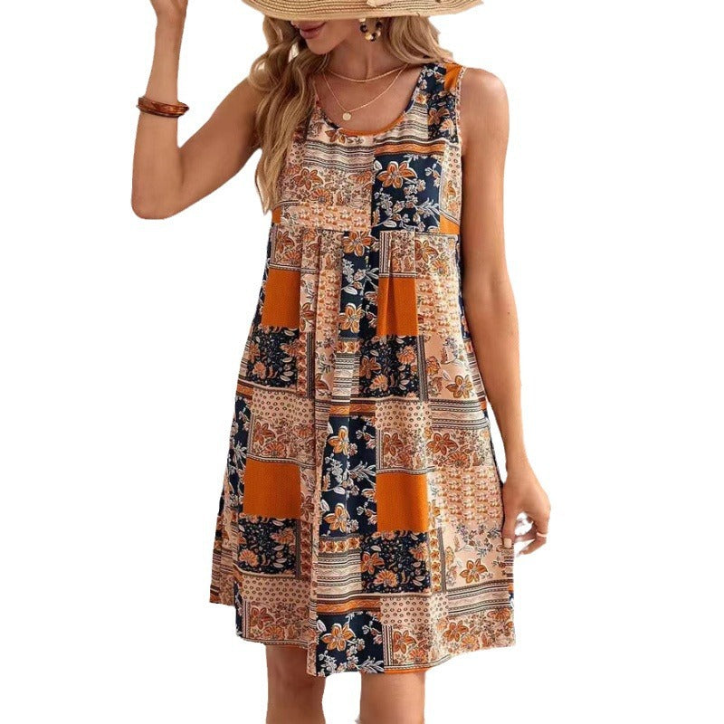 Damen Freizeitleinenkleid mit buntem Patchwork-Design EB