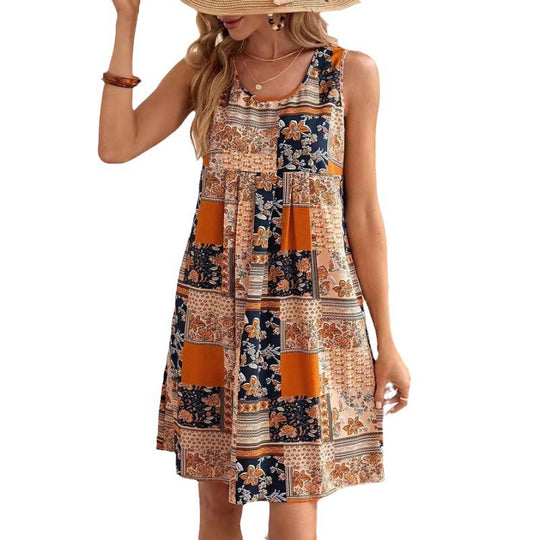 Damen Freizeitleinenkleid mit buntem Patchwork-Design EB