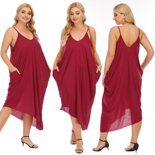 Damen lässiges Maxikleid mit tiefem V-Ausschnitt und Seitentaschen EB