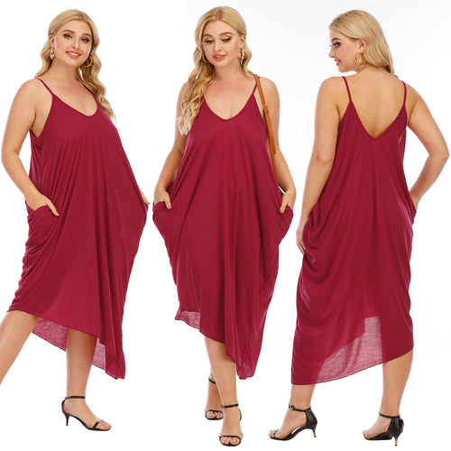 Damen lässiges Maxikleid mit tiefem V-Ausschnitt und Seitentaschen EB