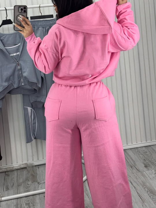 Damen Oversize Kapuzen-Sweatjacke mit Reißverschluss und weitem Trackpant-Set EB