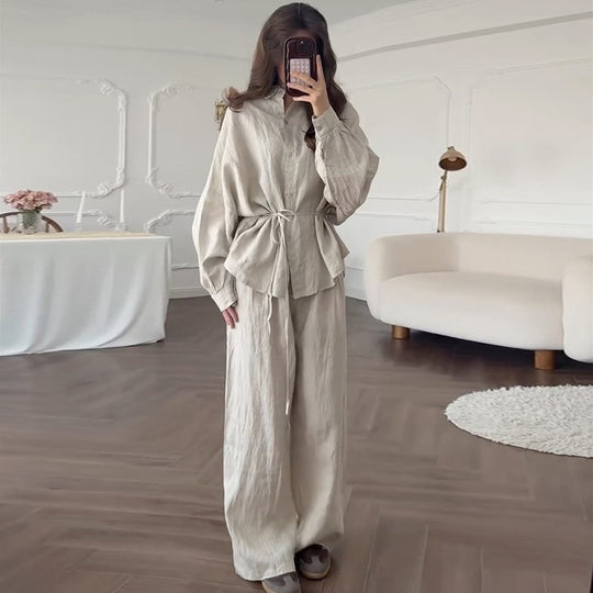 Damen lässiges Leinen-Loungewear-Set mit taillierter Bluse und weiten Hosen EB