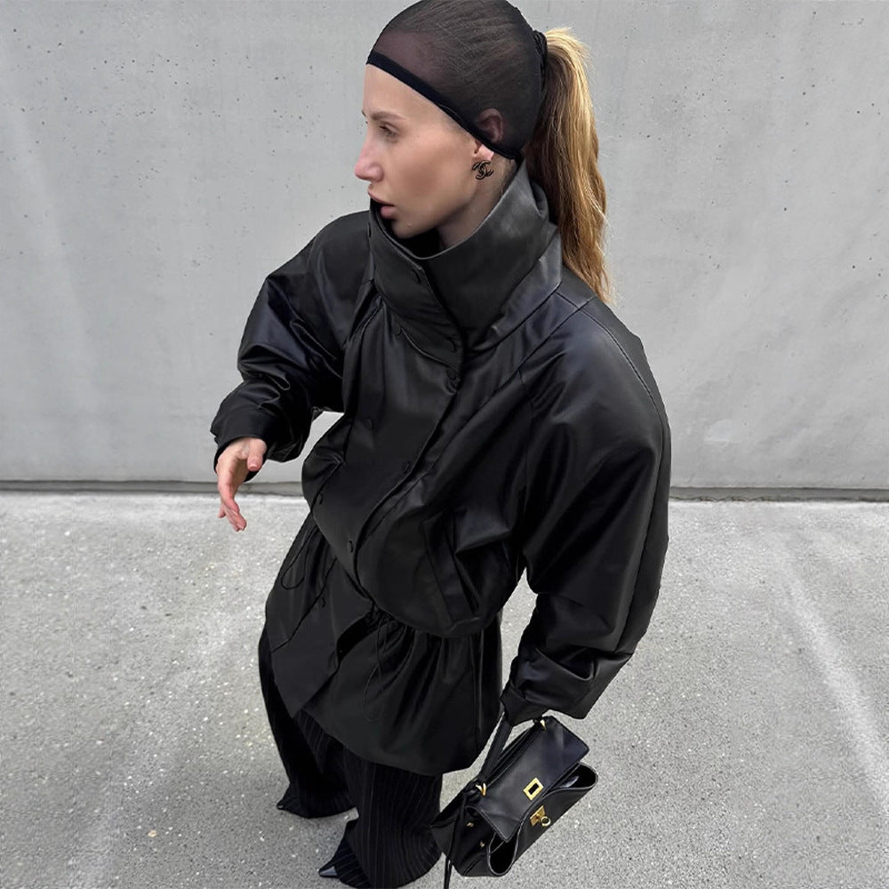 Damen Kunstlederjacke mit modischem Oversized-Schnitt und taillierbarem Gürtel EB
