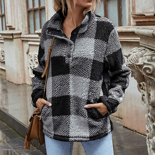 Damen Gemusterte Teddyjacke mit modernem Kragen und praktischen Taschen EB
