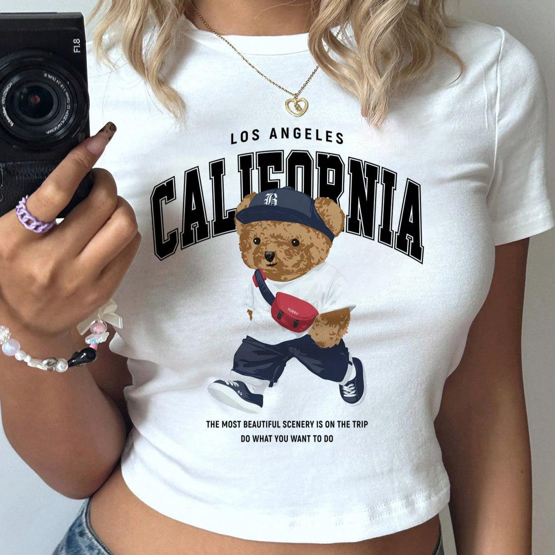 Damen Crop-T-Shirt mit verspieltem Bärenmotiv und modischem Schriftzug EB