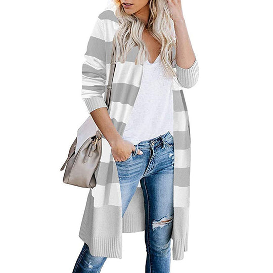 Damen Langer Strickcardigan mit gestreiftem Design EB