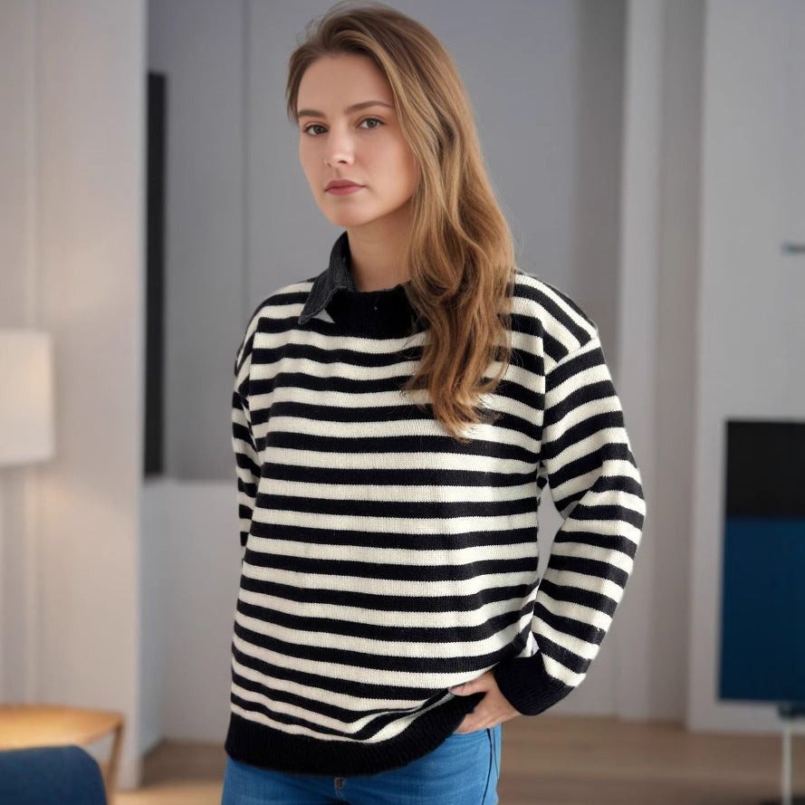 Damen lässiger Pullover mit strukturellem Streifenmuster und modischem Kragen EB